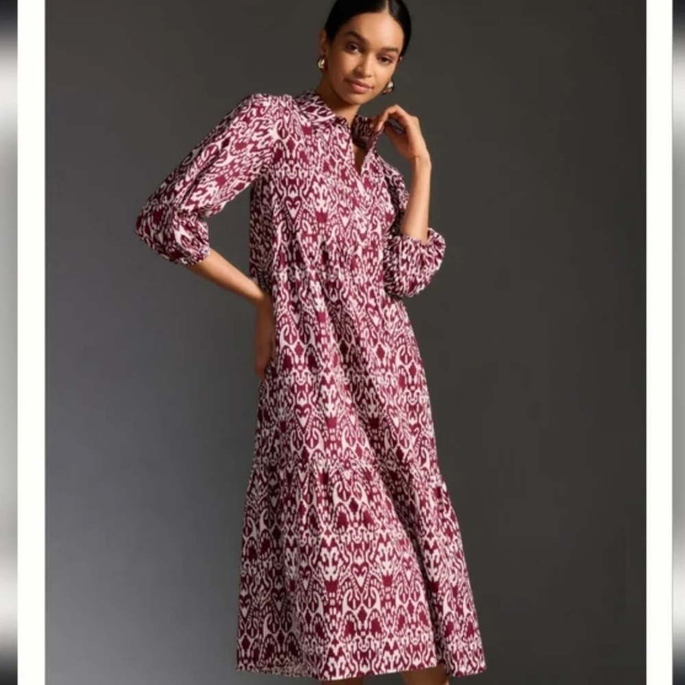 Maeve Anthropologie Bettina shirt maxi dress women’s XS maroon white EUC